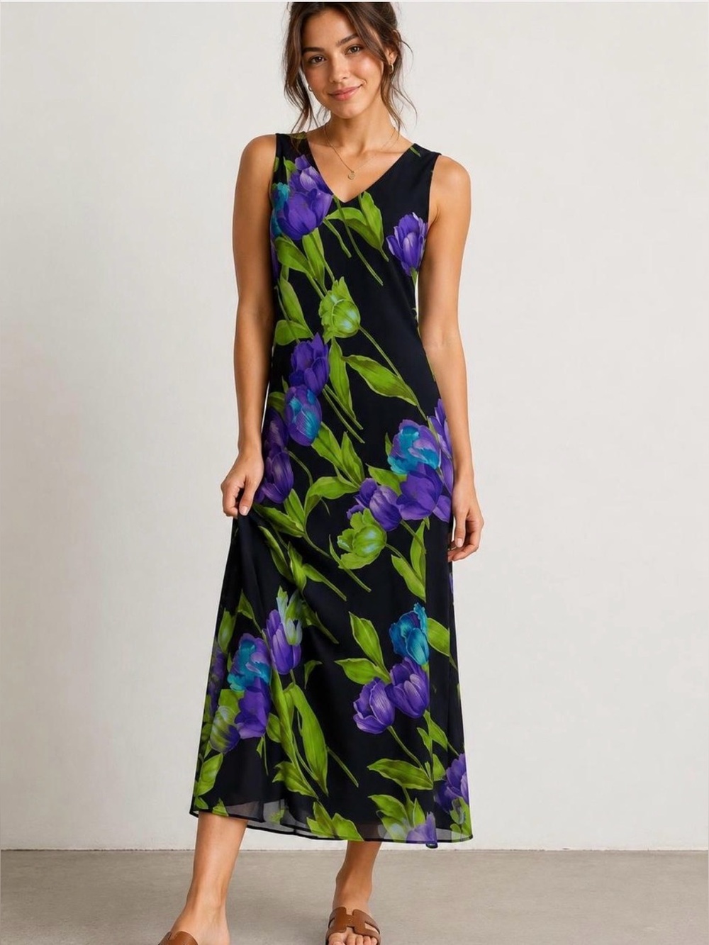 Vintage Positive Attitude Petite Floral Maxi Dress – Size 6